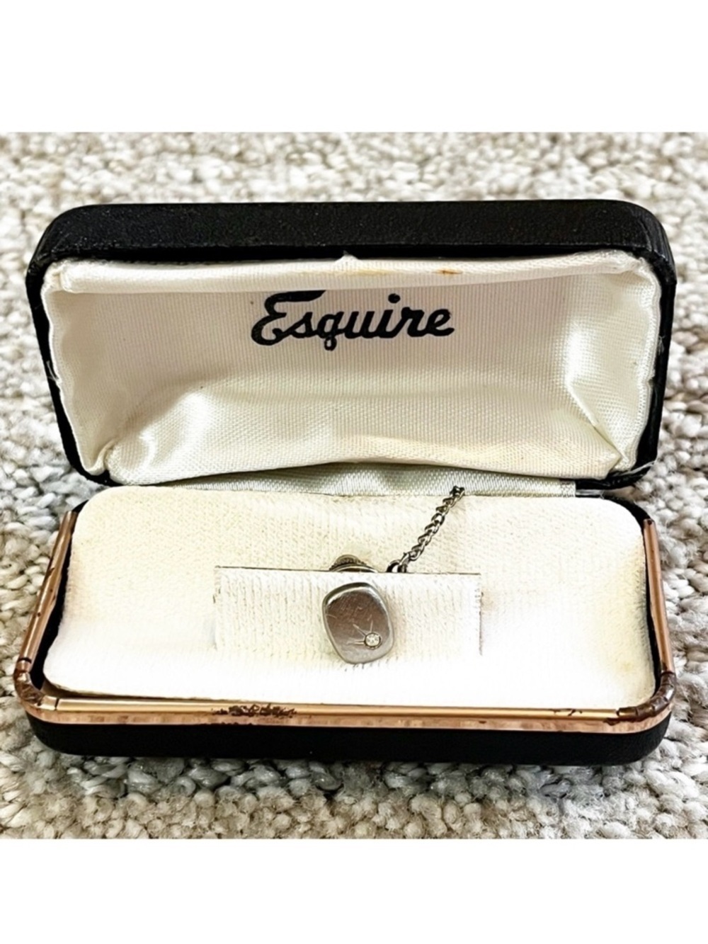 Vintage Esquire Tie Tack Clasp Pin Silver Tone Retro T-Bar Formal MCM Chain